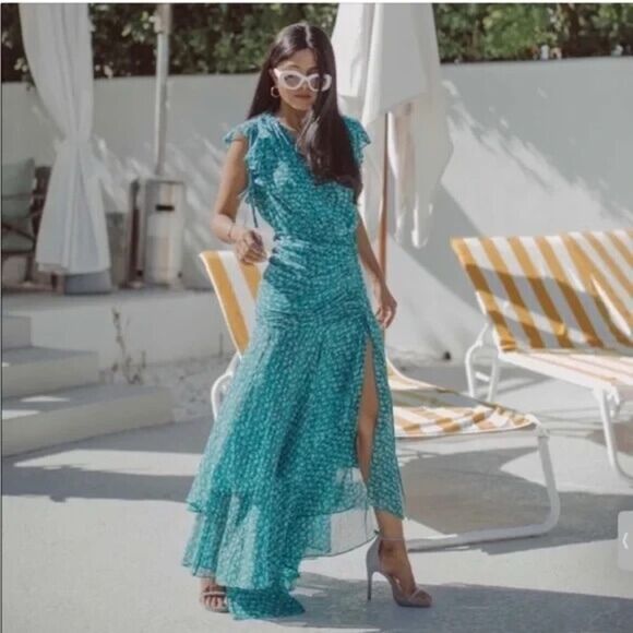 ❤️ VERONICA BEARD Samara Floral Print SILK chiffon blue Ruched Maxi Dress size 4 - Picture 2 of 10